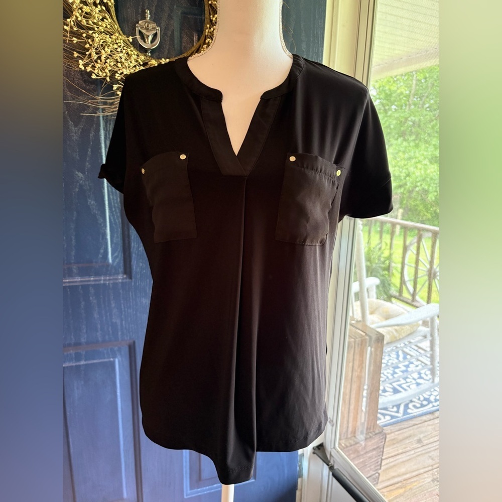 Anne Klein Black Women's Top with gold button detail size M